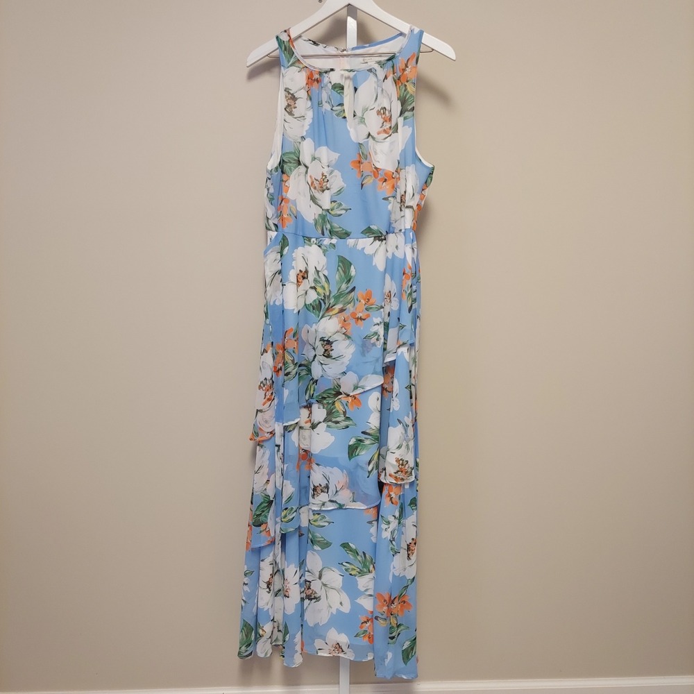 Cato Floral Maxi Dress Blue Floral Tiered Ruffle Tie L Sleeveless Derby Garden